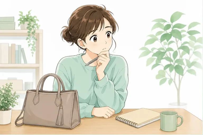 イラスト：バッグとメモ帳を前に考える女性