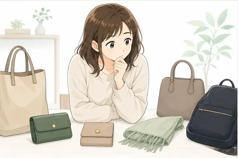 イラスト：バッグや財布を前に判断に迷う女性