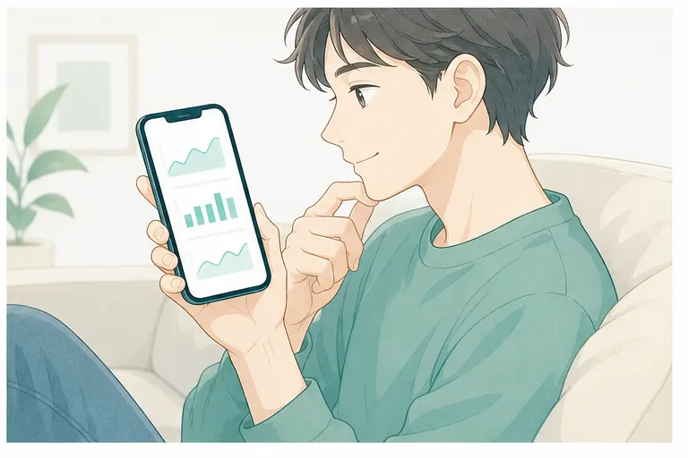 イラスト:スマートフォンで販売見込額と価格推移を確認する場面