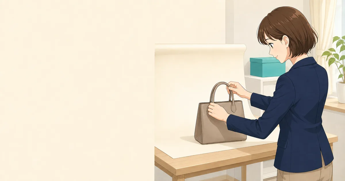 イラスト：撮影用の背景の前でバッグの持ち手を整える女性