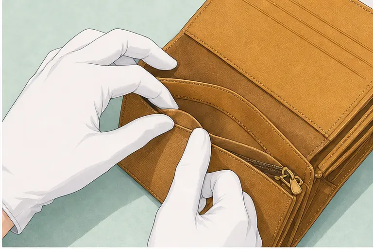 イラスト：手袋を着けてブランド財布の内側と縫製を確認する様子