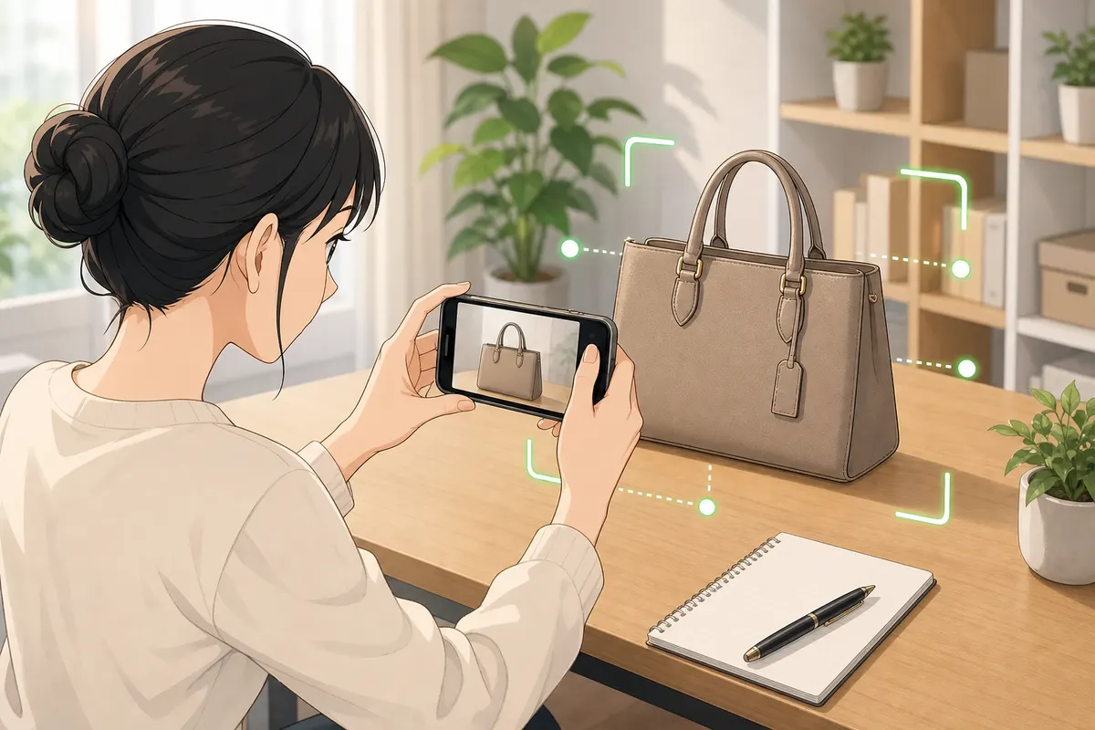 イラスト:女性が無地のバッグをスマートフォンで撮影して確認する場面