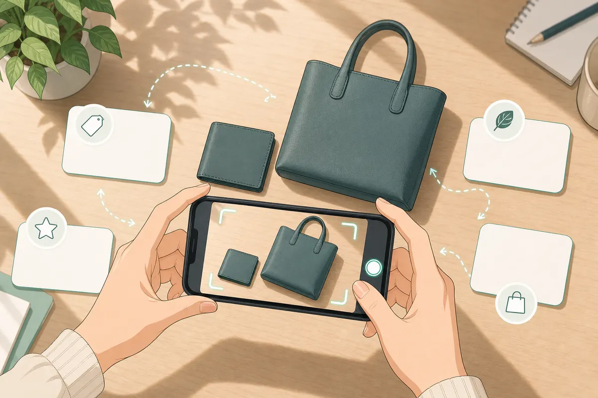 イラスト:スマートフォンでブランドバッグの商品情報を照合する場面