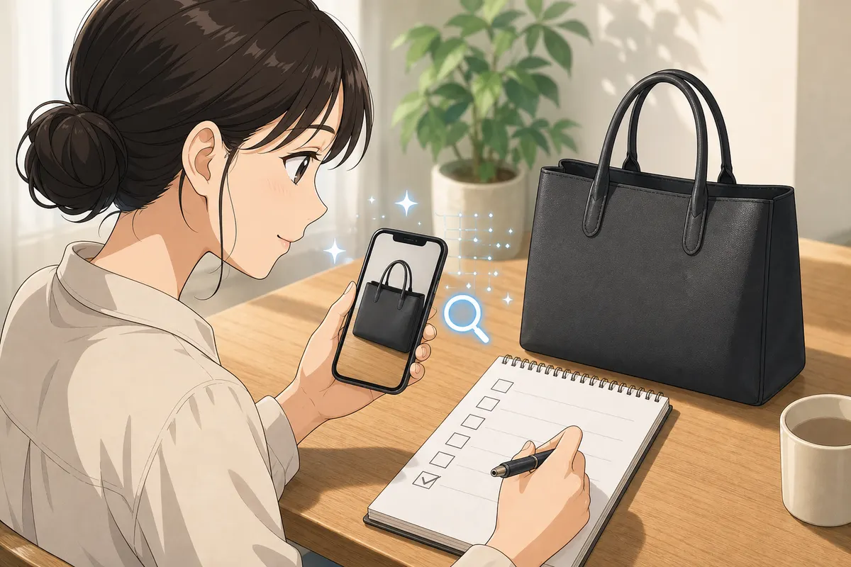 イラスト:ブランド品の出品情報をスマートフォンで最終確認する場面