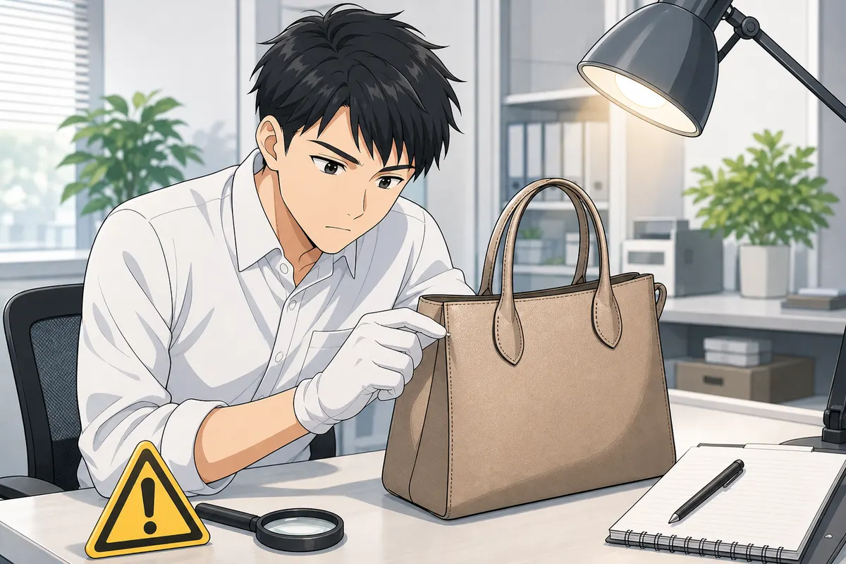 イラスト:ブランド品の真贋が不明な状態に注意を促す場面