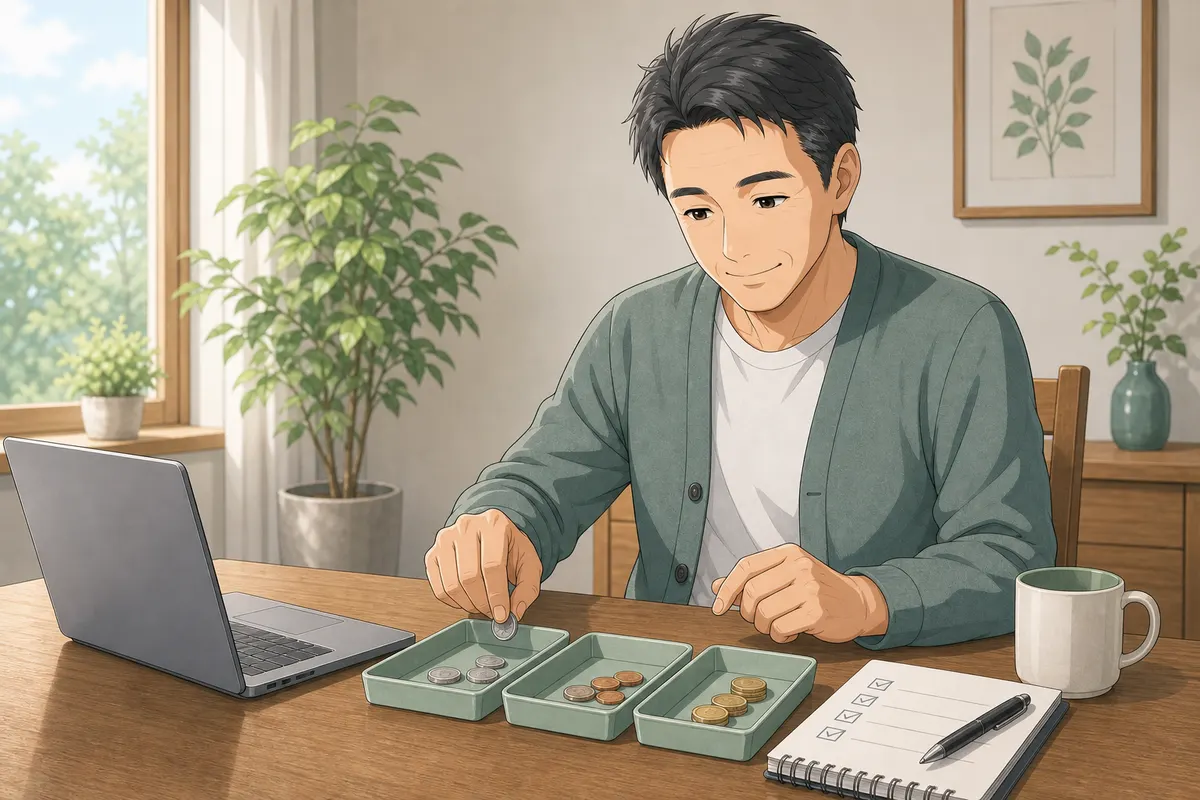 イラスト:販売額と費用を確認しながら売上を記録する男性