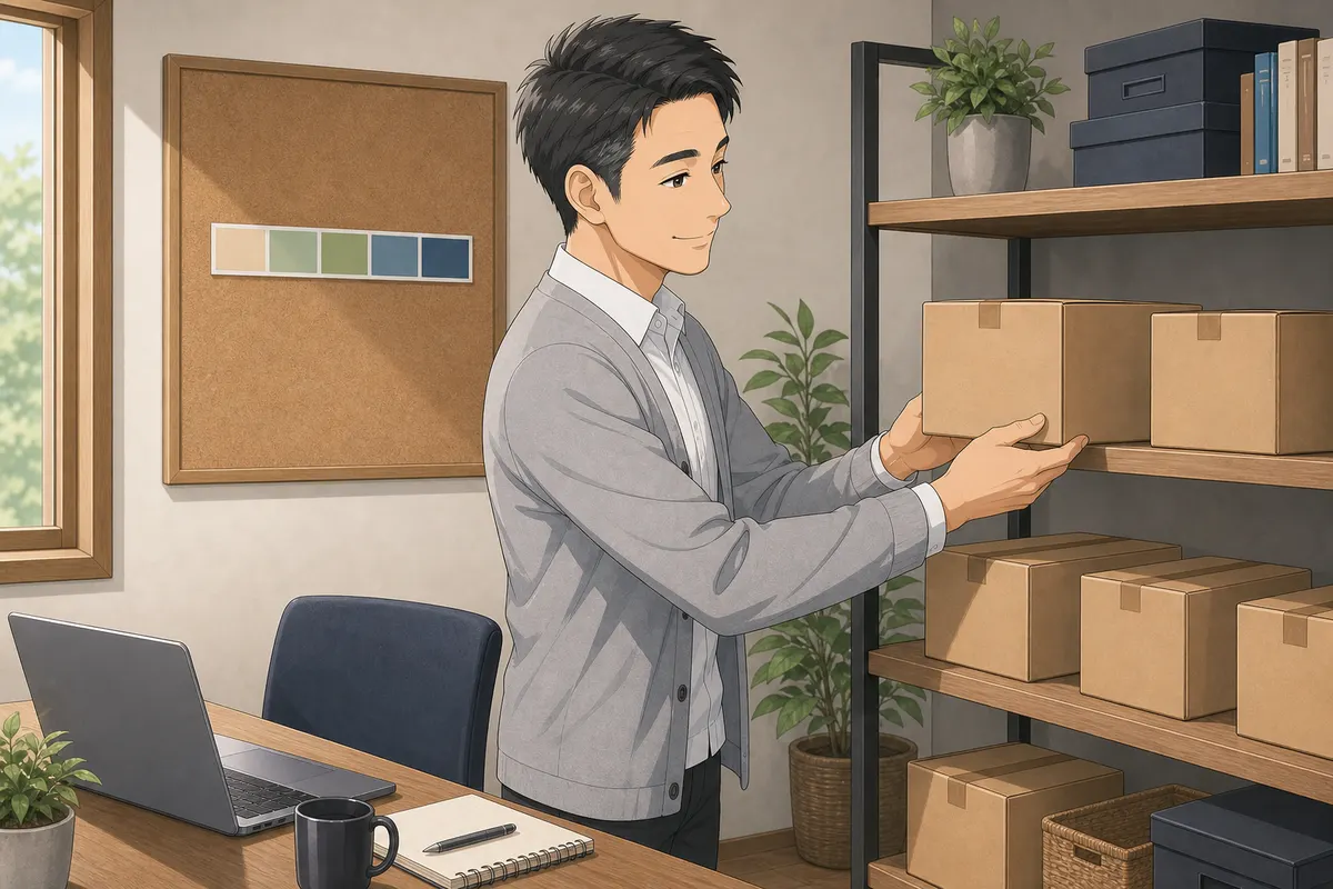 イラスト：男性が箱を棚へ置き、保管や持ち運びの作業を確かめる場面