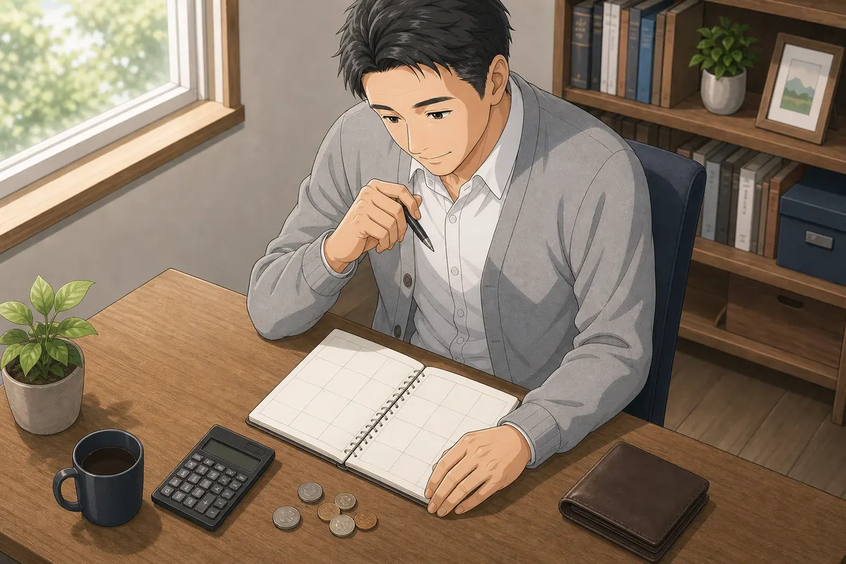 イラスト:パソコンでブランド品の販売価格と収支を見直す場面