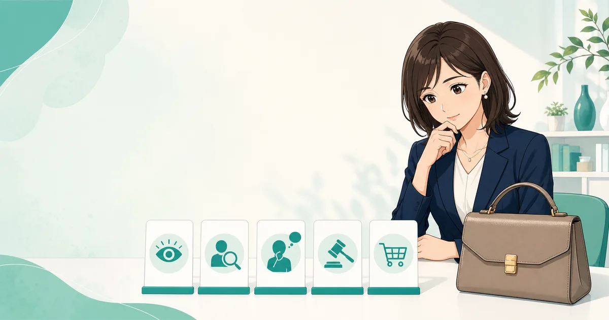 イラスト:売れないブランド品を5段階で診断する女性