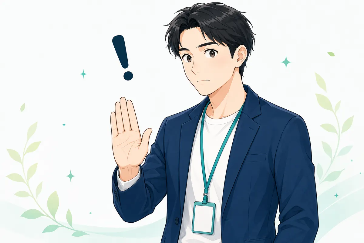 イラスト:手のひらを前に出して注意を促すスタッフとビックリマーク