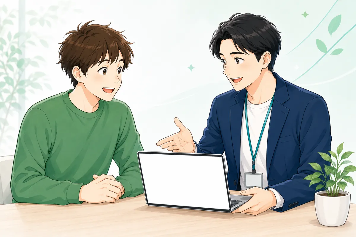 イラスト:スタッフがパソコンの画面を示しながらユーザーに説明している様子