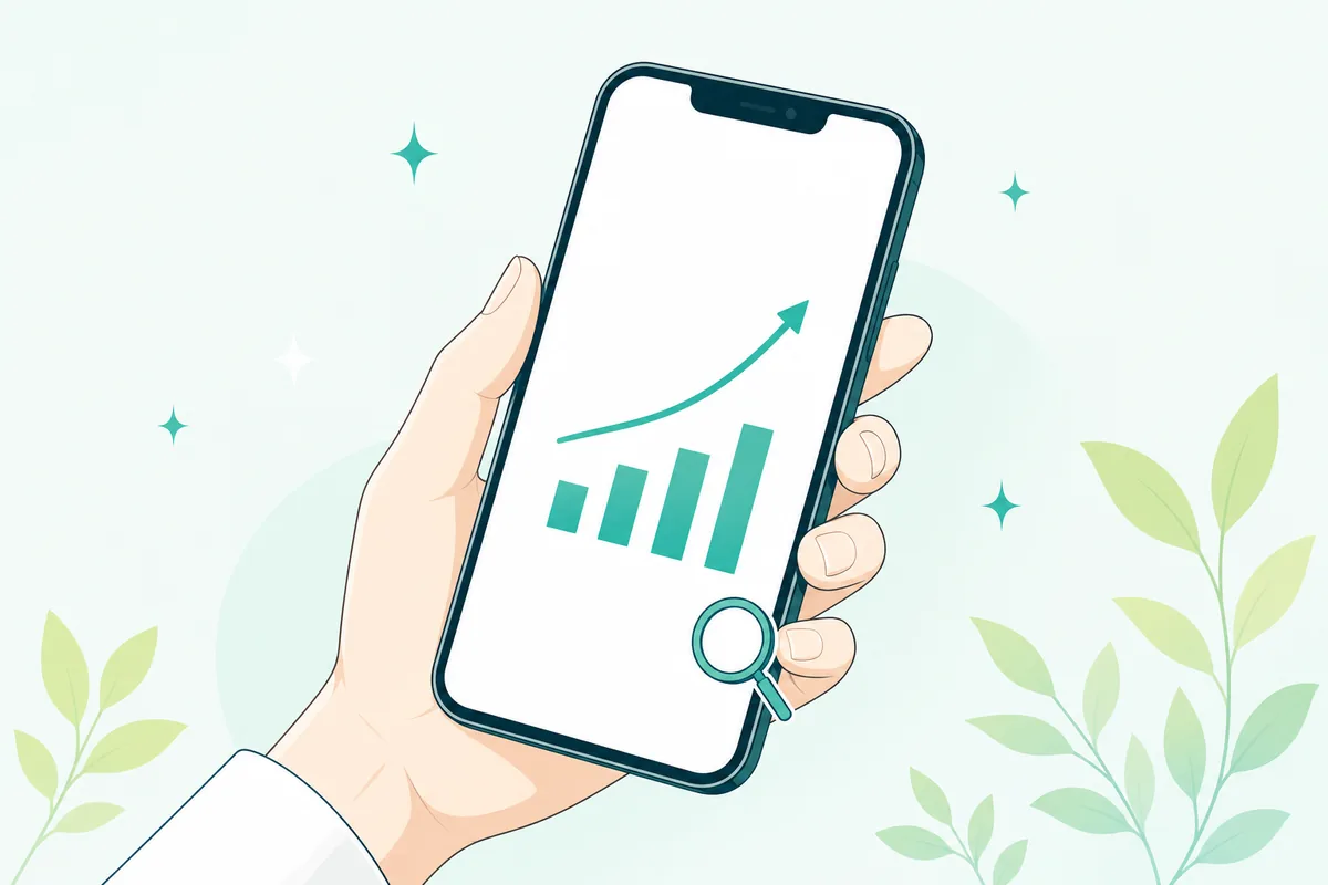 イラスト:スマホ画面に表示された上昇する相場グラフを確認する手元