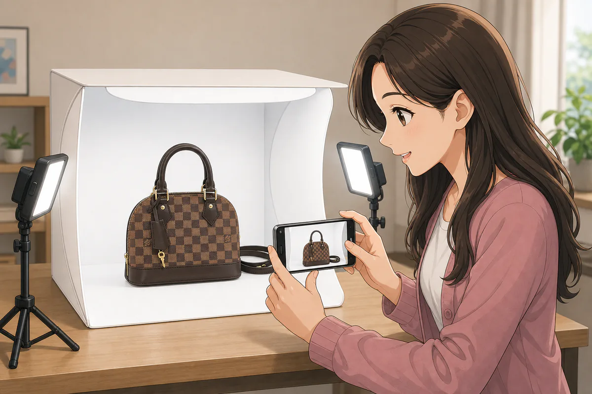 イラスト:ブランドバッグの傷を示す出品写真を選ぶ場面