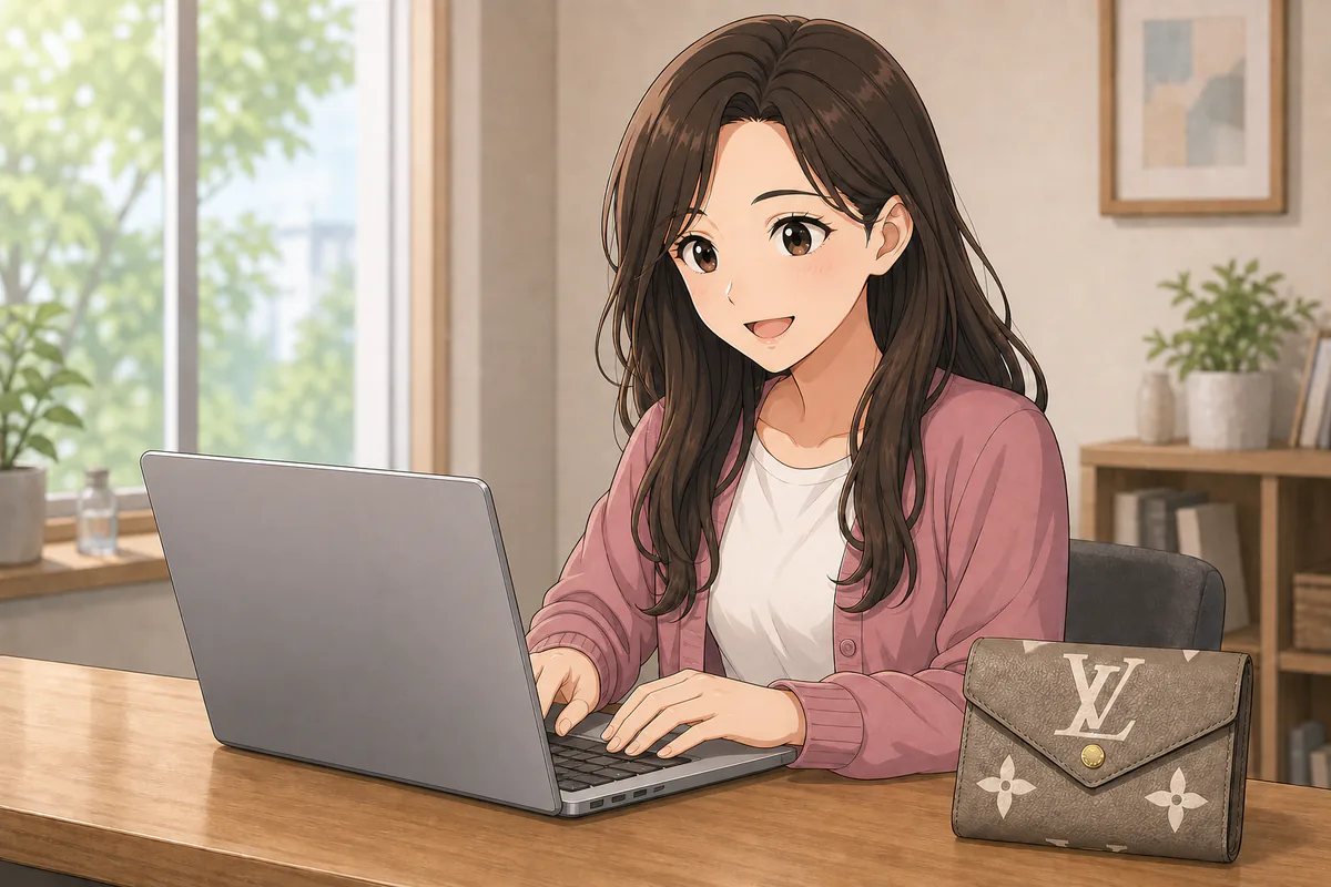 イラスト:中古ブランド品の出品説明文を作成する場面