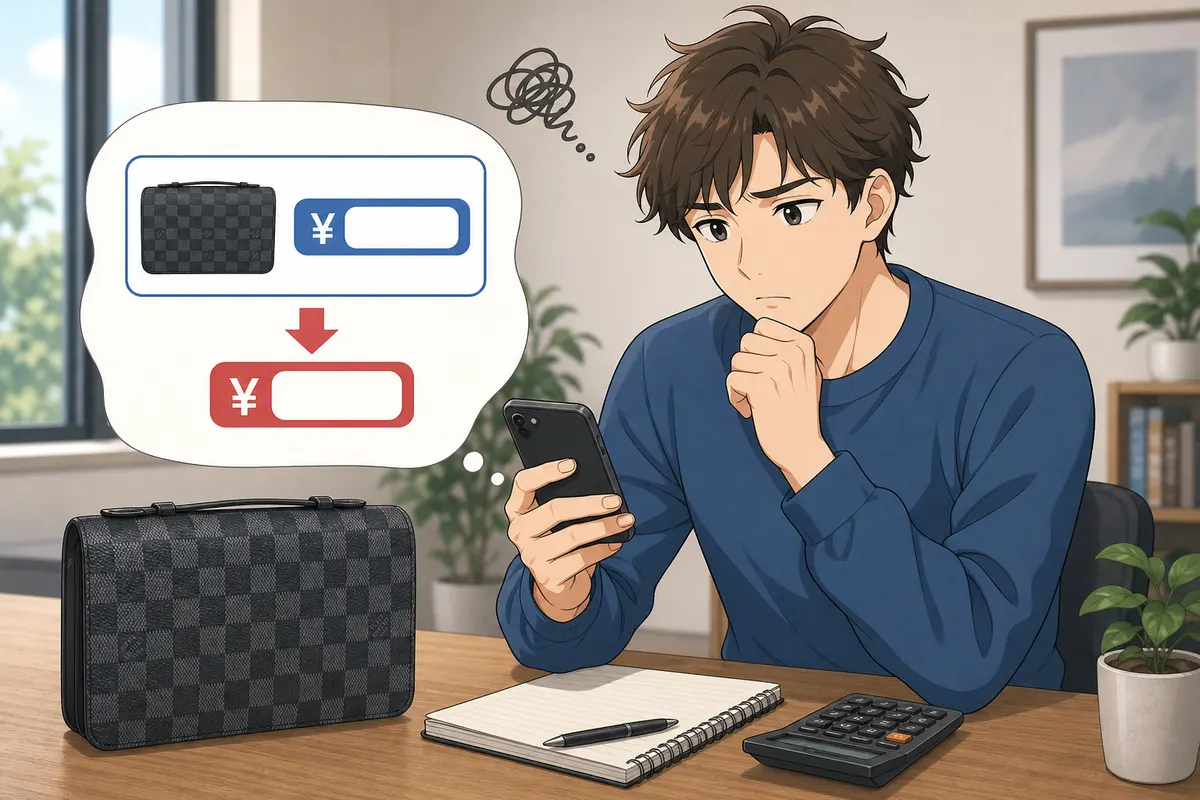 イラスト:スマホに表示された2つの価格を見比べ、利益が残るか悩む男性