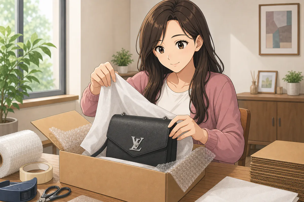 イラスト：売却したブランド品を丁寧に梱包する作業