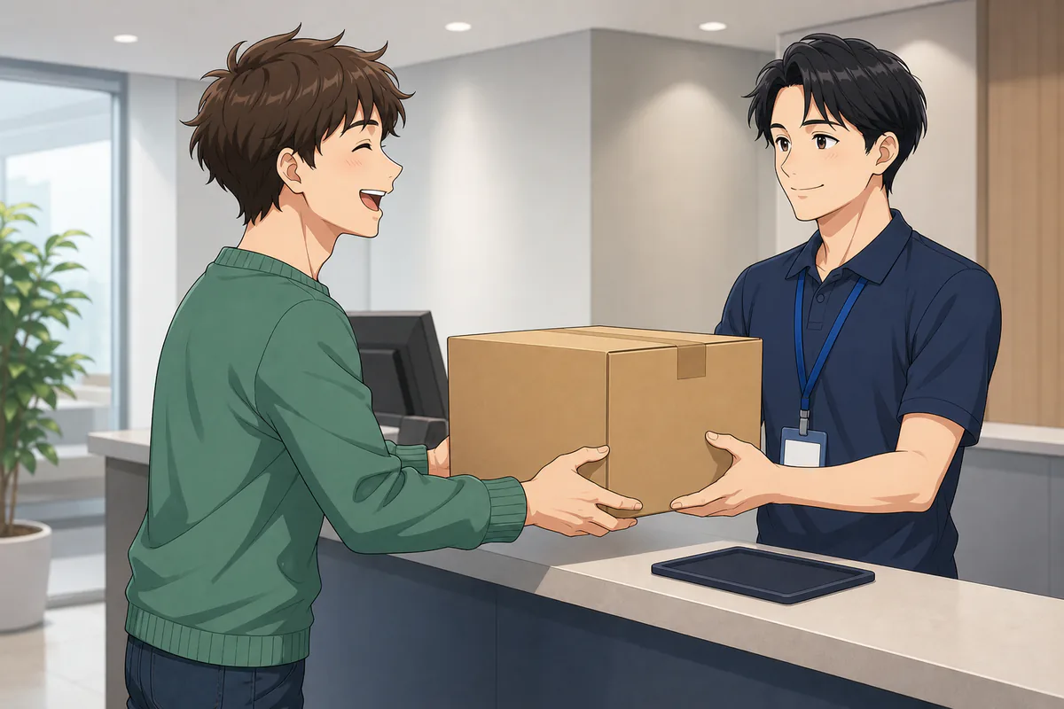 イラスト：売却したブランド品を発送窓口へ持ち込む場面