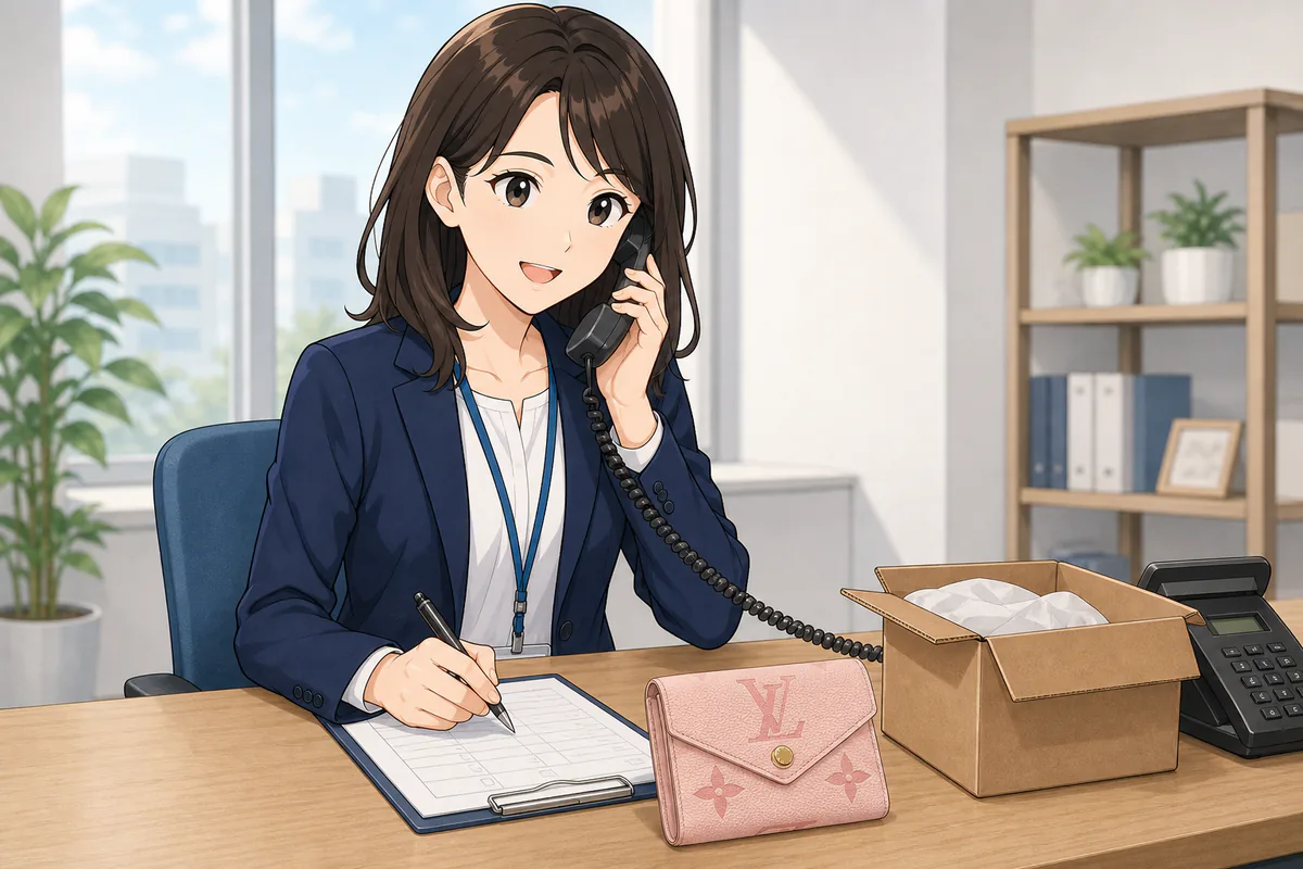 イラスト:返品された財布の状態と対応記録を確認する様子