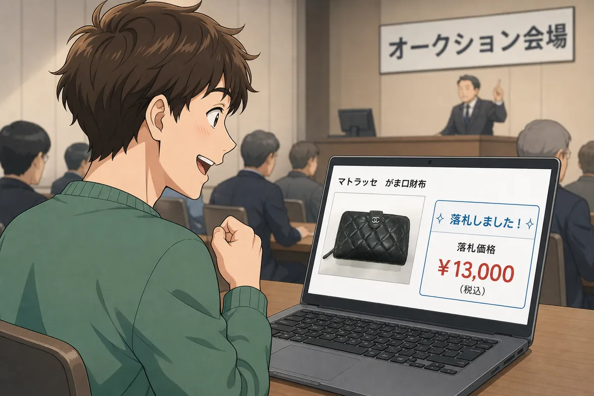 イラスト:業者専用のブランドオークションで、シャネルのマトラッセ財布を¥13,000で落札した男性ユーザー