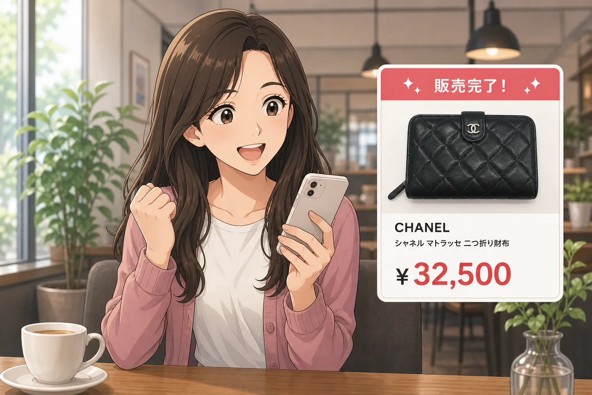 イラスト:カフェでスマホを見て、シャネルのマトラッセ財布が¥32,500で売れたことを喜ぶ女性ユーザー