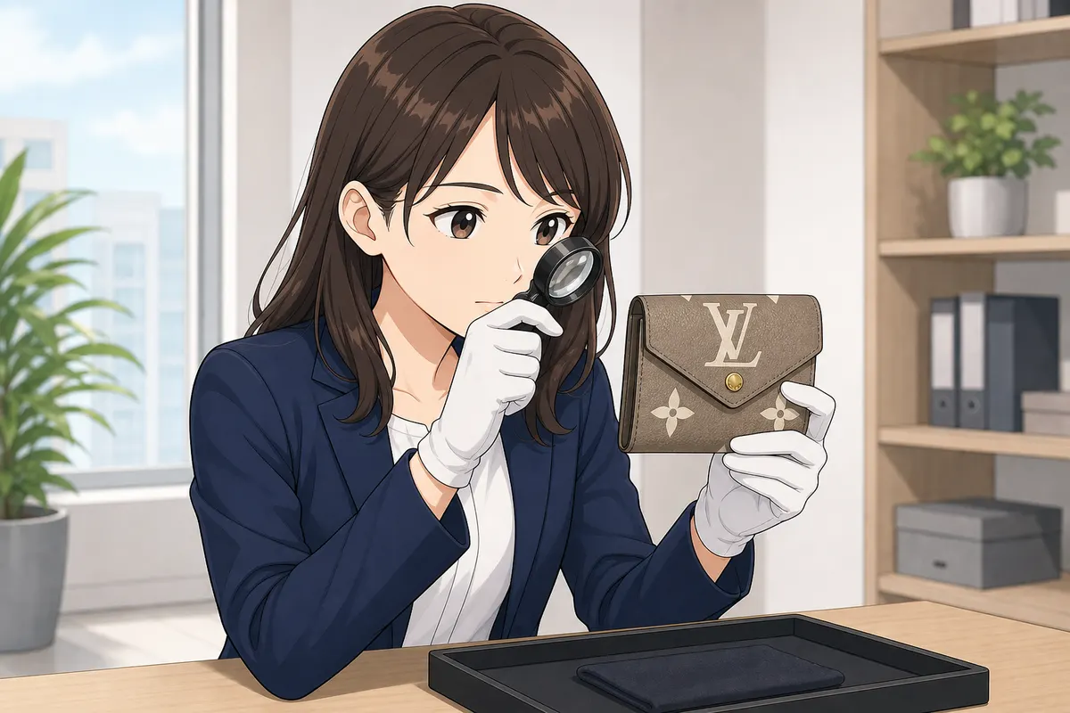 イラスト：スタッフが手袋をしてブランド財布のロゴや金具をルーペで真贋チェックしている様子