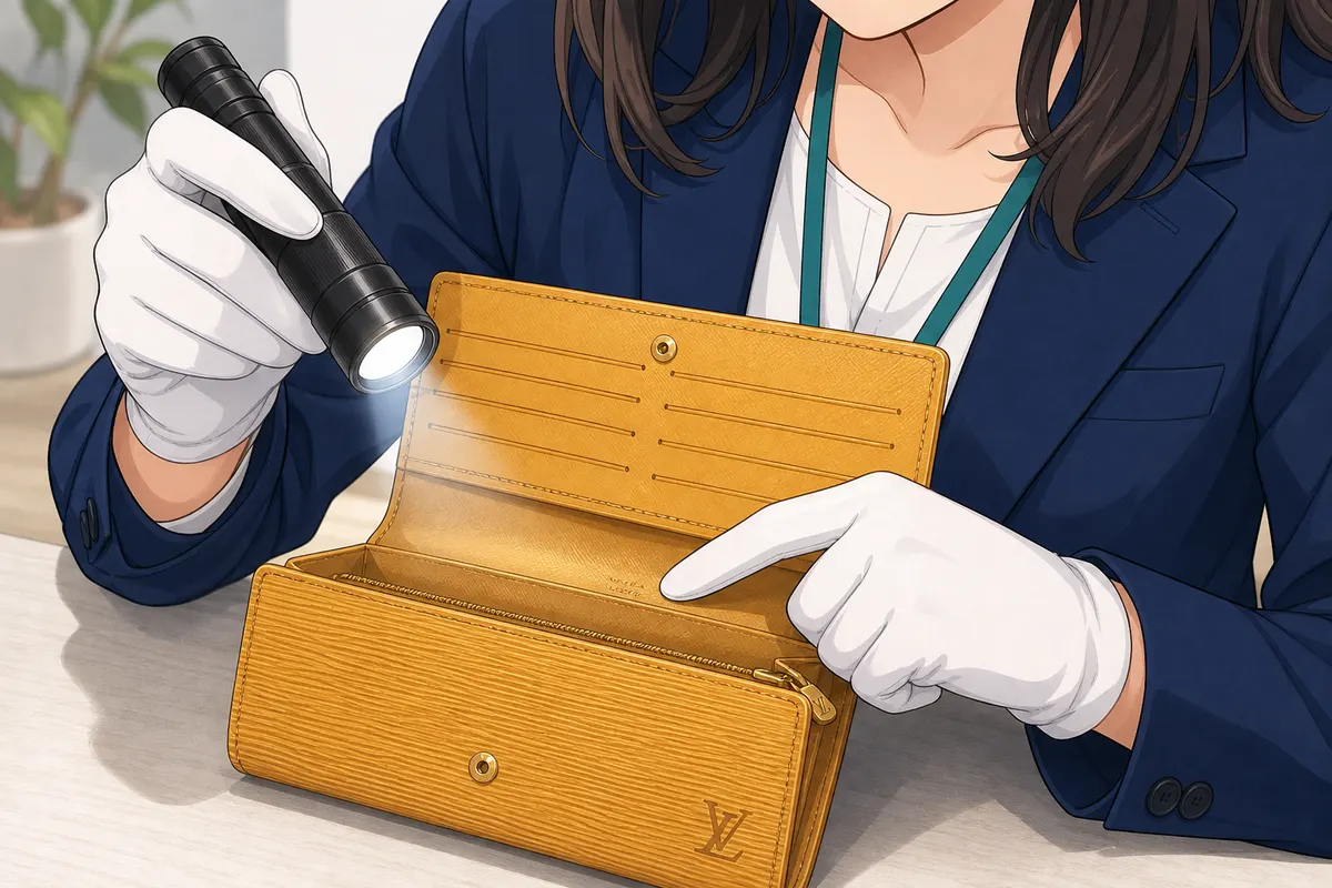 イラスト:ブランド財布の内側の小さな刻印を、ライトを当てて確認する手元