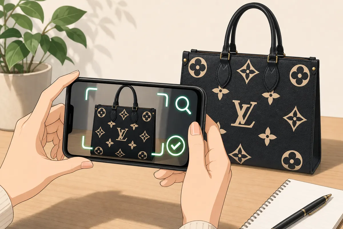 イラスト:スマホでブランドバッグを撮影し、AIが解析している画面