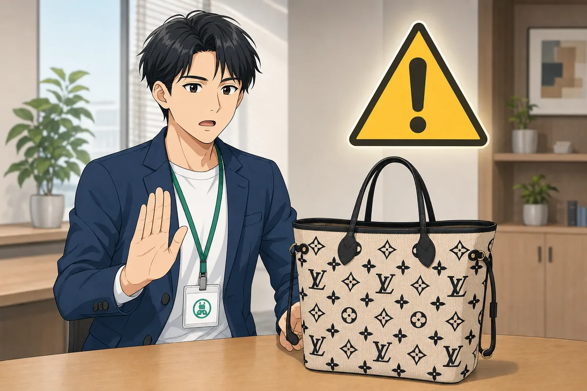 イラスト：ブランドバッグを前に片手を上げて注意を伝えるスタッフと警告マーク