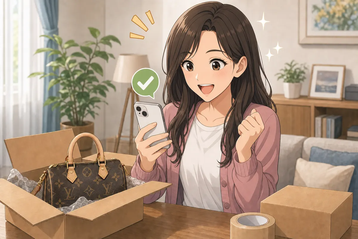イラスト:スマホの販売完了通知を見て喜ぶ女性