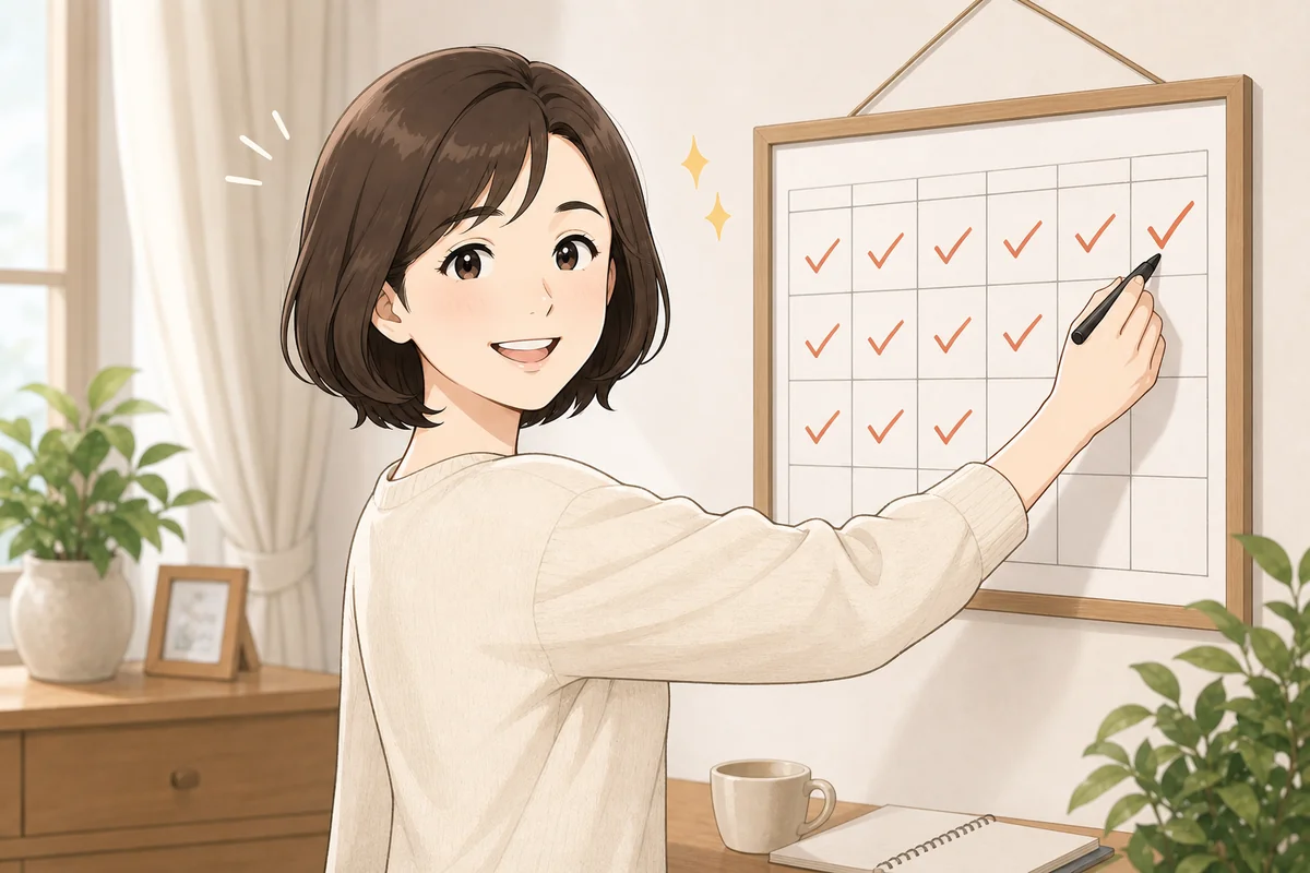 イラスト:目標と反応を記録して振り返る場面