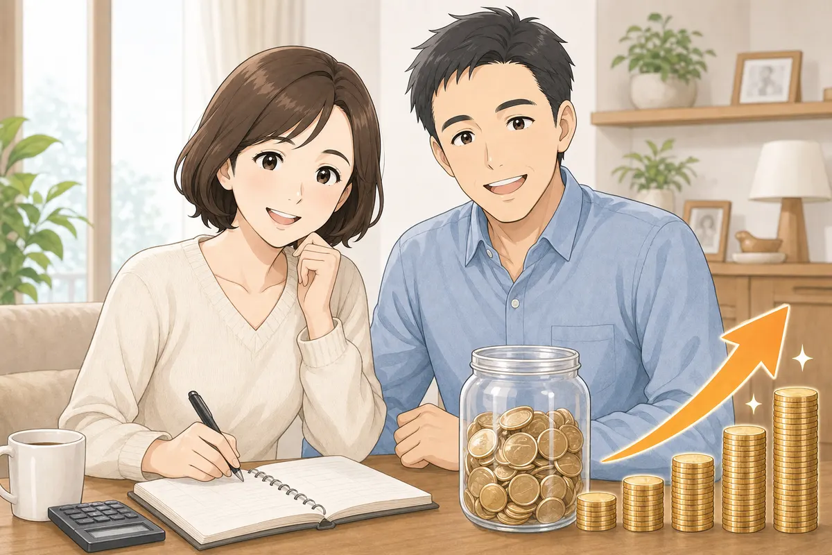 イラスト：家計ノートと貯金瓶を見て微笑む夫婦と上昇矢印
