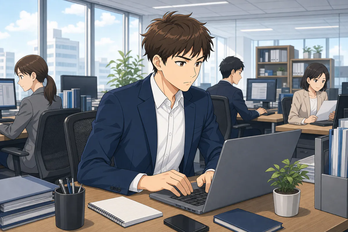 イラスト:本業の職場で勤務先ルールを確認する会社員