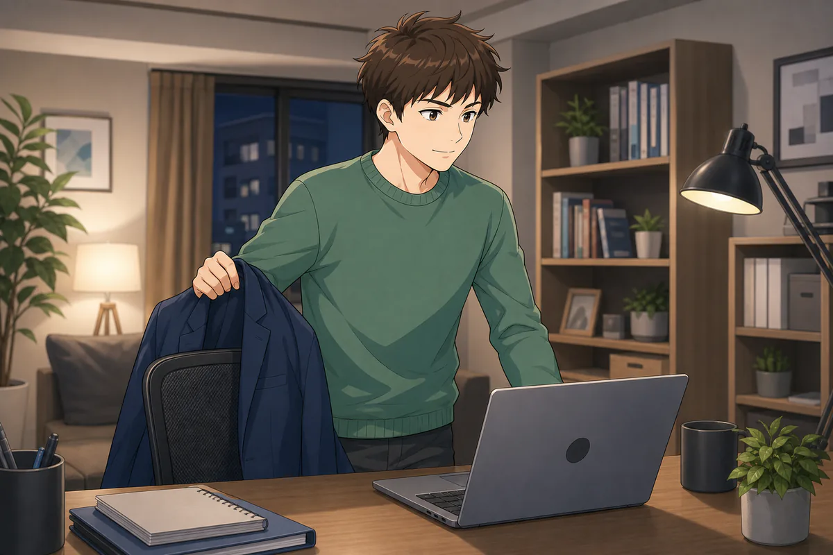 イラスト:夜の自宅で上着を椅子に掛け、ノートPCのある机に向かう男性