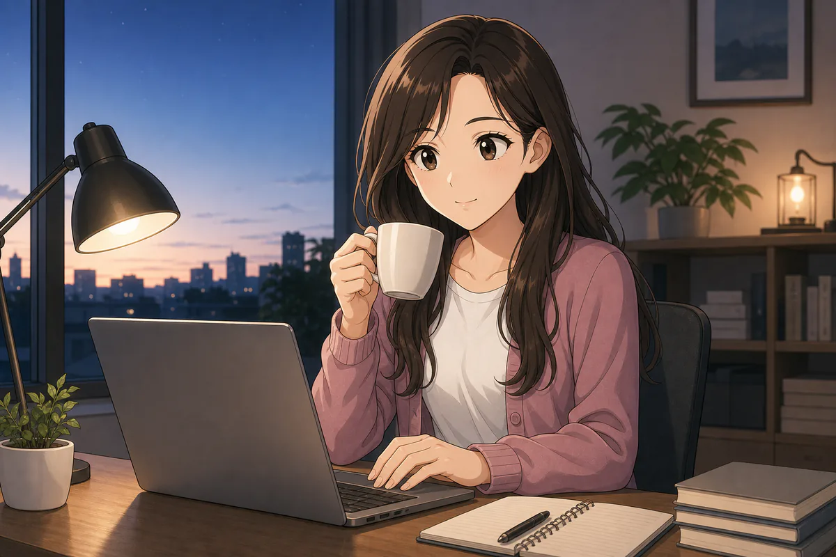 イラスト:早朝に副業開始前の準備を順番に進める会社員