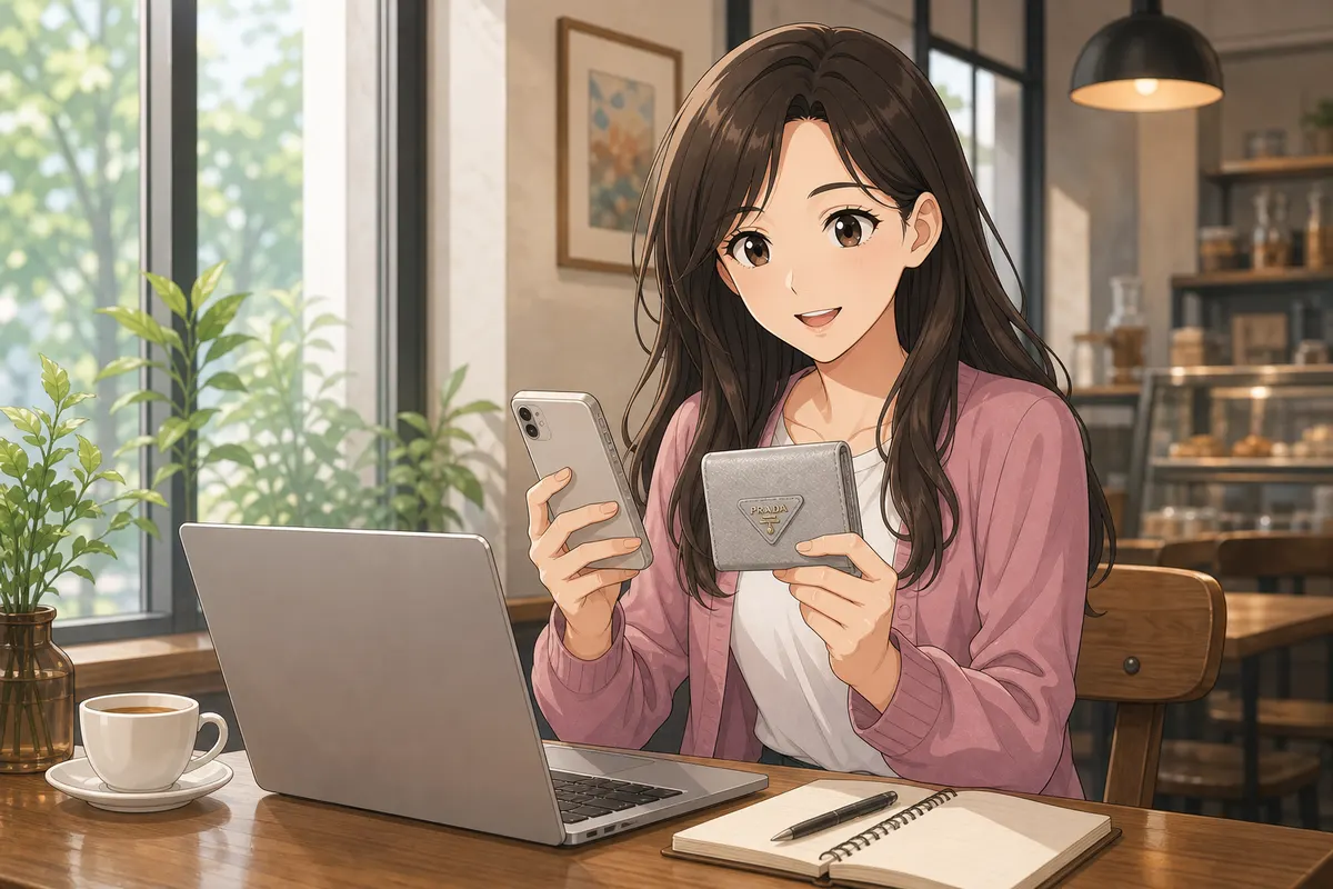 イラスト:カフェでパソコンとスマホを使い、ブランド品の仕入れ情報を調べる女性