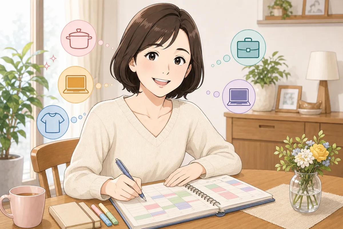 イラスト:本業と副業の作業時間を週間予定へ書き分ける場面