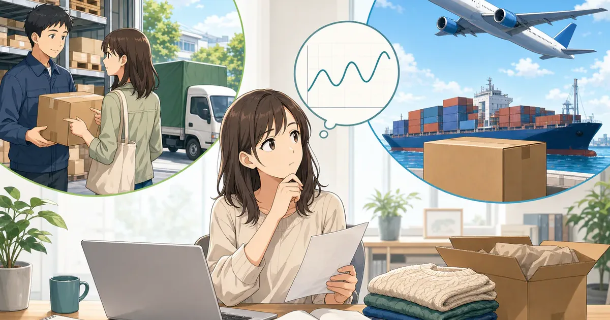 イラスト:円安時に国内と海外の仕入れ条件を比べる担当者